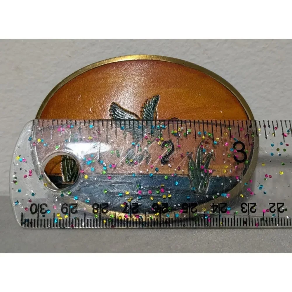 Vtg Hand Tooled Leather Brass Belt Buckle Flying Mallard Duck Western Made in US
